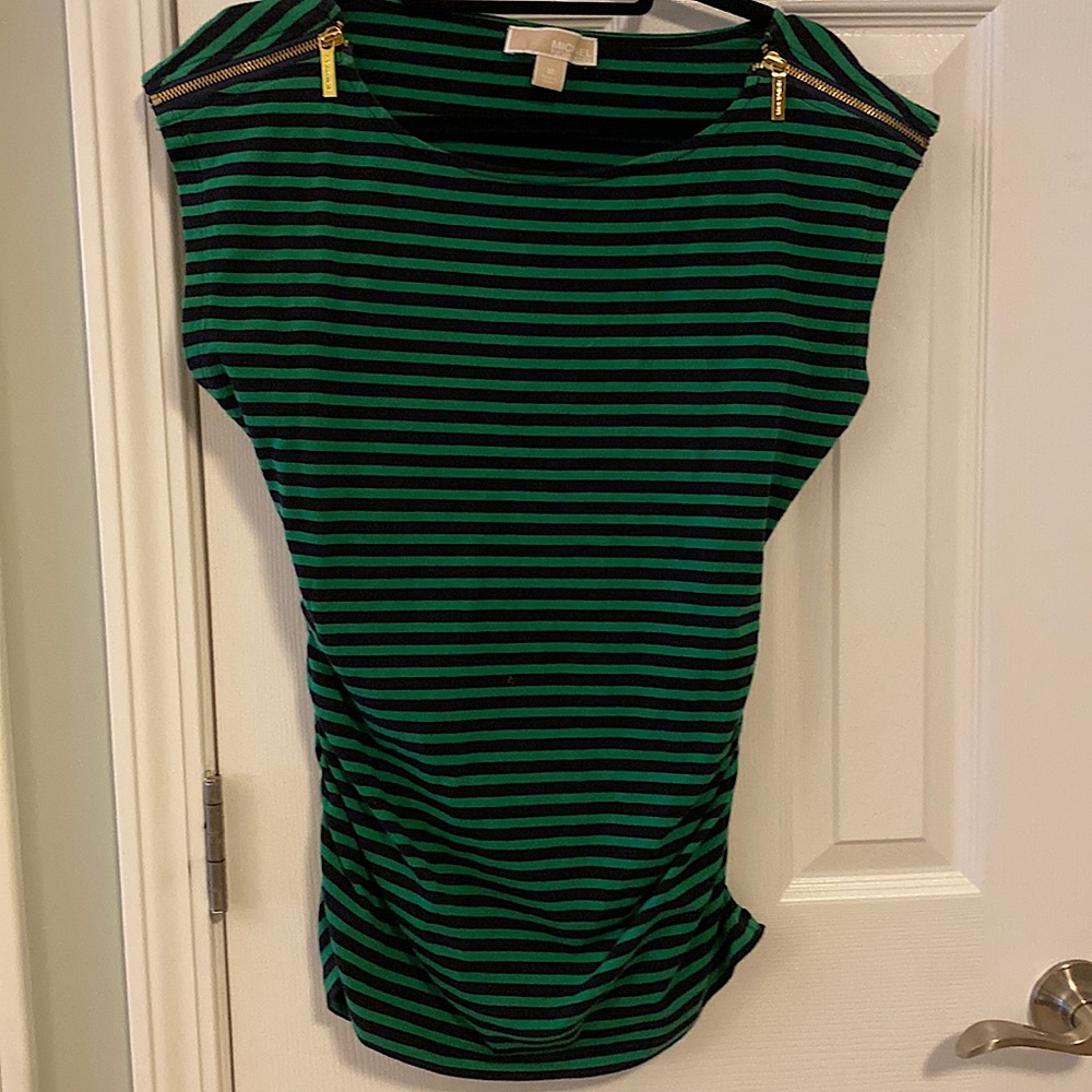 MICHAEL Michael Kors green and black striped, capped sleeve top